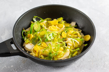 Chopped leeks in frying pan