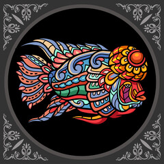Colorful flower horn fish zentangle arts, isolated on black background