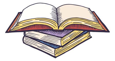 Pile with closed and open book. Studying symbol. Knowledge sign