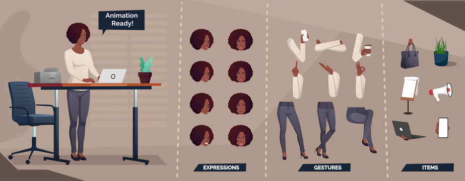 Business Character Set For animation with Black Woman Illustration