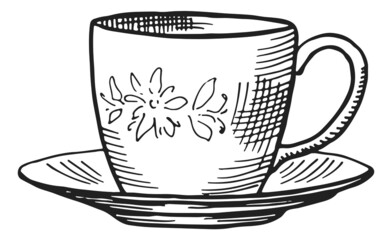 Teacup engraving. Tea cup and saucer in hand drawn style