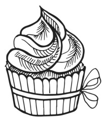 Cupcake with cream swirl top. Hand drawn sweet pastry