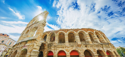 Large panorama of Verona Arena in the summer sun. - obrazy, fototapety, plakaty