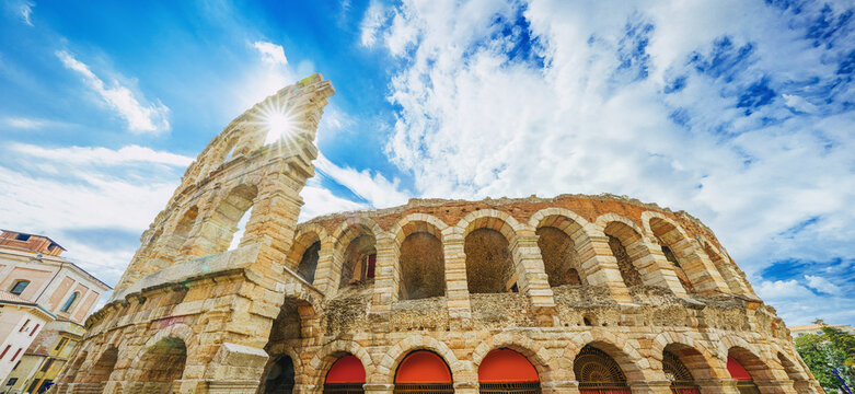Large panorama of Verona Arena in the summer sun.