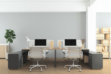 Office room with minimalist furniture, gray wall and wood floor. 3d rendering