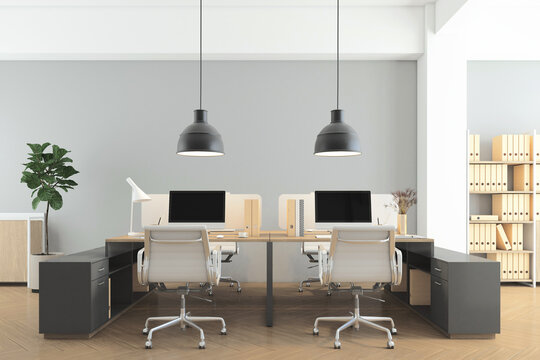 Office room with minimalist furniture and hanging lamp, gray wall and wood floor. 3d rendering