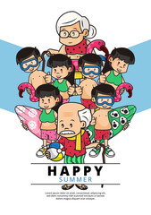 Illustration Vector Graphic of Happy Summer Poster with People Wearing Summer Beach Costume with Different Activities