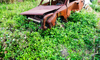 Old rusty abandoned car in overgrown grass