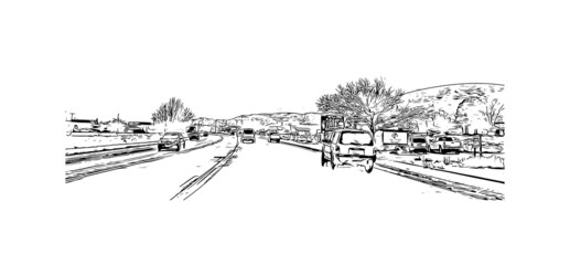 Building view with landmark of Moab is a city in eastern Utah. Hand drawn sketch illustration in vector.