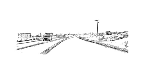 Obraz premium Building view with landmark of Moab is a city in eastern Utah. Hand drawn sketch illustration in vector.