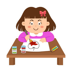 kid girl sitting at the table and paint vector illustration