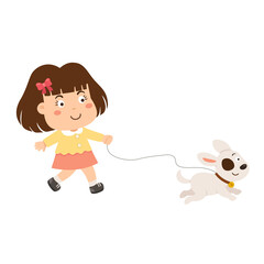 happy cute little girl walking with dog vector illustration