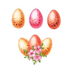 Watercolor colored Easter eggs with flowers on a white background