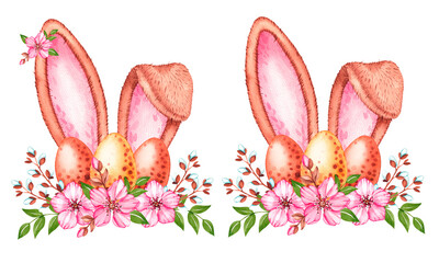 Watercolor set of Easter bunny ears with eggs, flowers on a white background