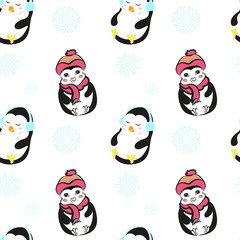Seamless pattern with cute  penguins and snowflakes on a white background. Vector design for fabric, baby clothes, textile, wrapping paper, wallpapers, prints, decorations, packaging.