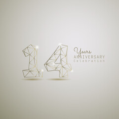 14 years anniversary logotype with gold wireframe low poly style. Vector Template Design Illustration.