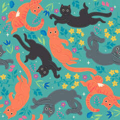 Seamless pattern with cute cats and flowers. Vector graphics.