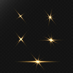 Glow of golden sparks of light on a dark background. Blurred glitter vector collection. Explosive flash, sun, flash of light.