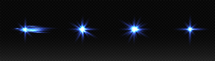 Violet bright bursts of light. Laser beams, horizontal beams of light. Beautiful light flashes. Glowing stars on a dark background. Glowing abstract sparkling background.