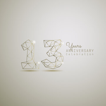 13 years anniversary logotype with gold wireframe low poly style. Vector Template Design Illustration.