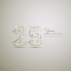 25 years anniversary logotype with gold wireframe low poly style. Vector Template Design Illustration.