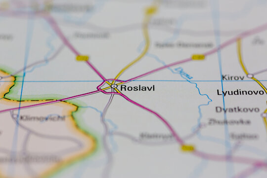 03-03-2022 Portsmouth, Hampshire, UK, roslavl Russia shown on a road map or Geography map