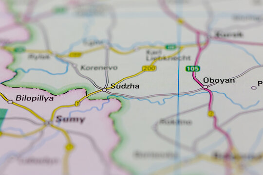 03-03-2022 Portsmouth, Hampshire, UK, Sudzha Russia shown on a road map or Geography map