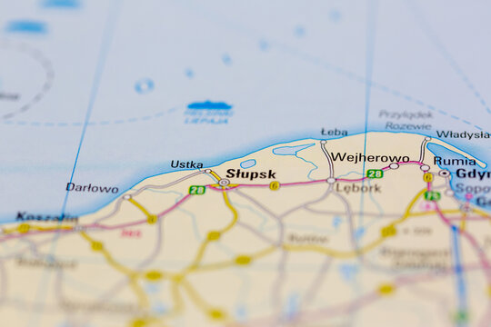 03-03-2022 Portsmouth, Hampshire, UK, slupsk Poland shown on a Road map or Geography map