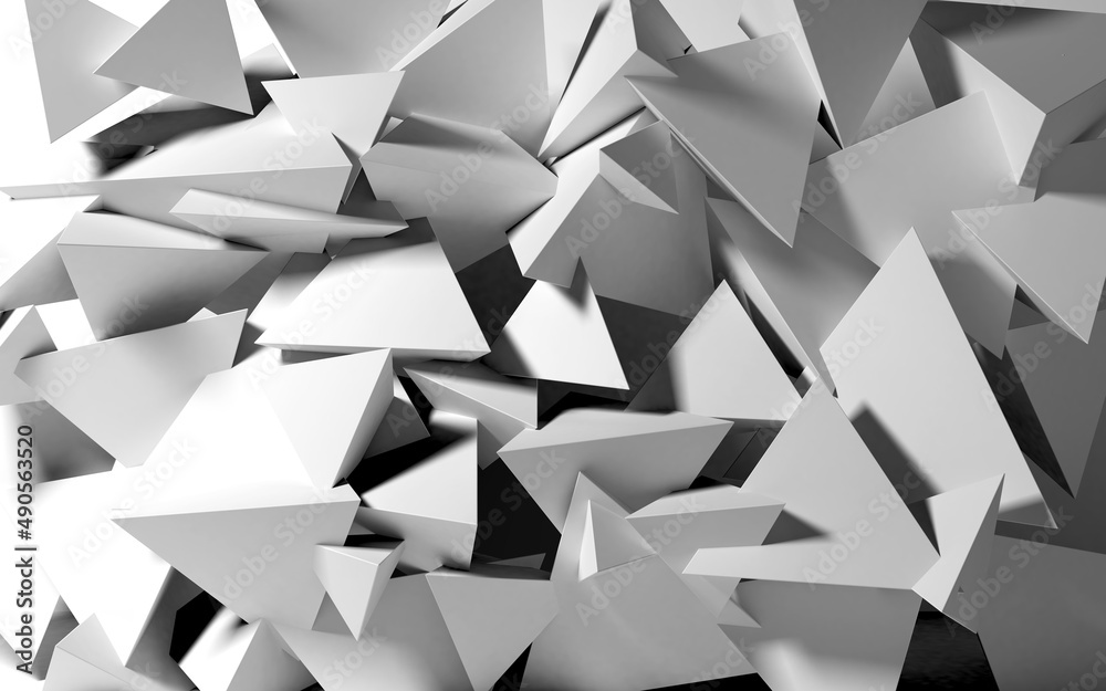 Poster Abstract background with white 3D shapes flying in the light as a messy array or chaotic structure for any pastel backdrop. 3D illustration