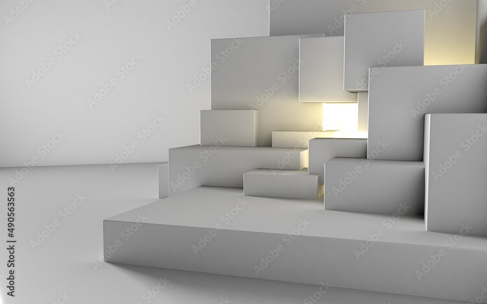 Poster abstract architectural background with cube construction or stage and light beam inside. 3d illustra