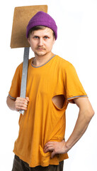 a guy in old clothes, a man in an orange T-shirt, purple hat holding a banner. protest, discontent, change. isolated white background