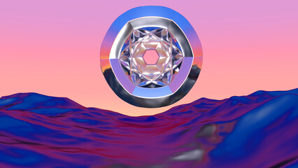 Abstract chrome shape over blue landscape in vaporwave sunset. Background with mysterious surreal shiny object. 3D illustration