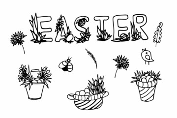 A set of black and white images of Easter celebrations. Design for holiday postcards, banners, magazine prints.

