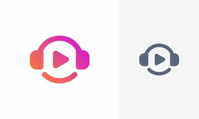 Headphone music play logo design vector