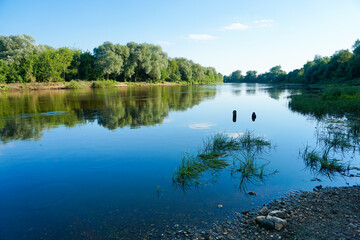 Summer landscape of the Klyazma river in Vladimir town. A tranquil landscape of the clear blue sky,serene river and green riverside.