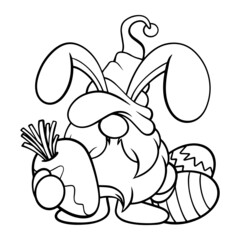 Draw vector illustration character cute gnomes with eggs for Easter and spring season Printable T shirt. Cartoon style.