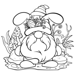 Draw vector illustration character cute gnomes with eggs for Easter and spring season Printable T shirt. Cartoon style.