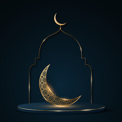 Obraz na płótnie Canvas Ramadan Kareem 3d podium with traditional Arabic frame. Luxurious golden moon with islamic ornament. Cylinder with gold glitter. Minimal muslim scene. Eid Mubarak. Vector illustration