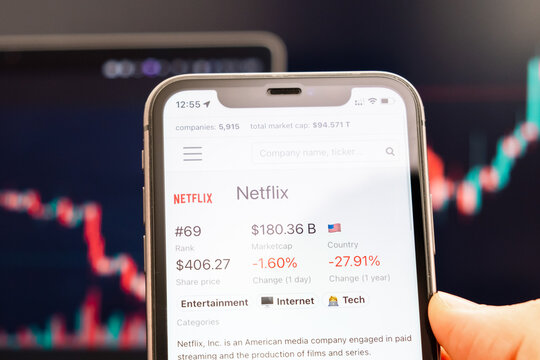 Netflix stock price on the screen of cell phone in mans hand with changing stock market exchange with trading candlestick graph analysis, February 2022, San Francisco, USA