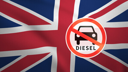 Fototapeta na wymiar Flag of United Kingdom with the sign of Diesel fuel ban. 3D illustration