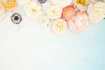 Obraz na płótnie Canvas Fresh ranunculus, anemone, rose and poppy flower flatlay on pastel background with copy space