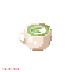 Pixel art green matcha tea icon. Vector 8 bit style illustration of asian green matcha latte. Green tea cup decorative oriental spring cafe element of retro video game computer graphic.