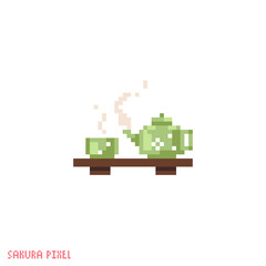 Pixel art tea ceremony icon. Vector 8 bit style illustration of asian tea kettle and cup on a tray. Green teapot decorative oriental spring hanami element of retro video game computer graphic.