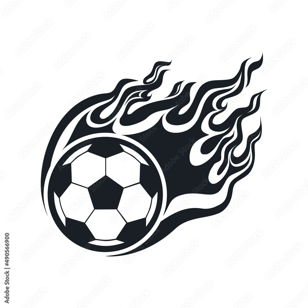 Wall mural Soccer ball on fire, flames. Monochrome vector illustration