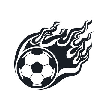 Soccer ball on fire, flames. Monochrome vector illustration