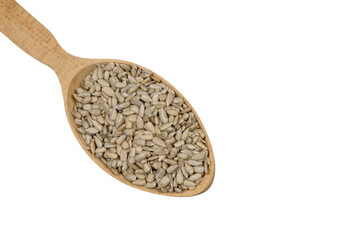Sunflower seeds without shell in wooden spoon isolated on white background 