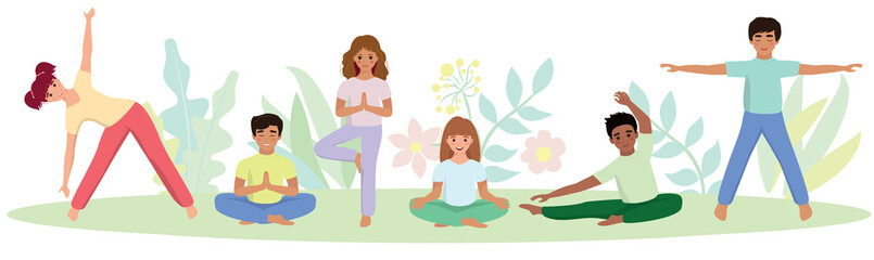 Children in nature do exercises for a healthy lifestyle vector illustration of leaves in a flat cartoon