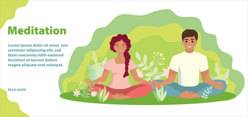 Obraz na płótnie Canvas A man and woman meditates in nature and leaves and the sunset. illustration for yoga, meditation, relaxation, relaxation, healthy lifestyle. Vector illustration in the style of a flat cartoon
