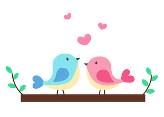 Two birds on tree branch. Cute illustration in cartoon flat style. Spring, love and Valentine day concept. Print for cards, clothes, textile, design and decor. 