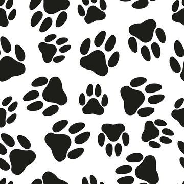 Dog paws seamless pattern, black and white background doodle drawing of pet paws, chaotically scattered elements, minimalism pattern